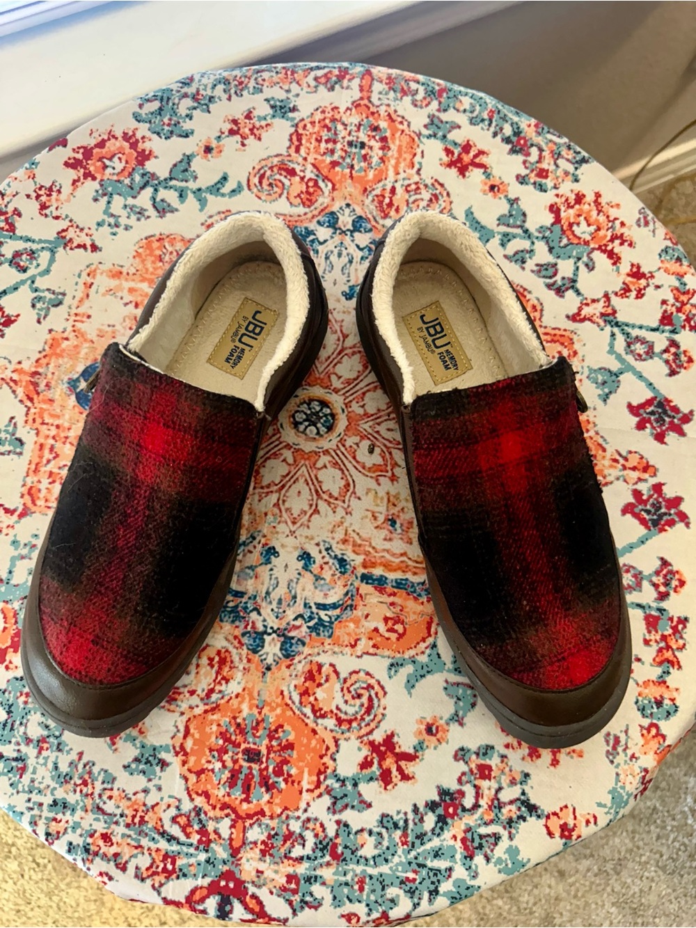 JBU Red and Black Plaid Slip-On Booties